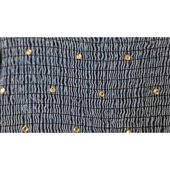 VTG Blue Denim Dress Midi Smocked Bodice High Waist Rhinestones Sz M Bossy - Picture 3 of 9